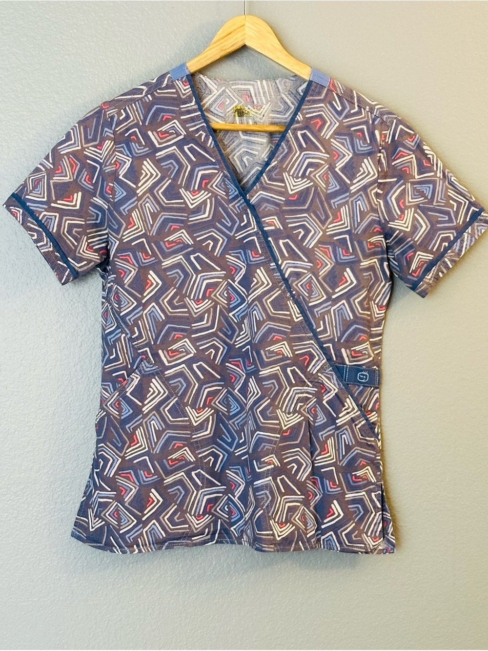 Wink Geo-Print Button Down Scrub Top - Navy with Red & White Accents